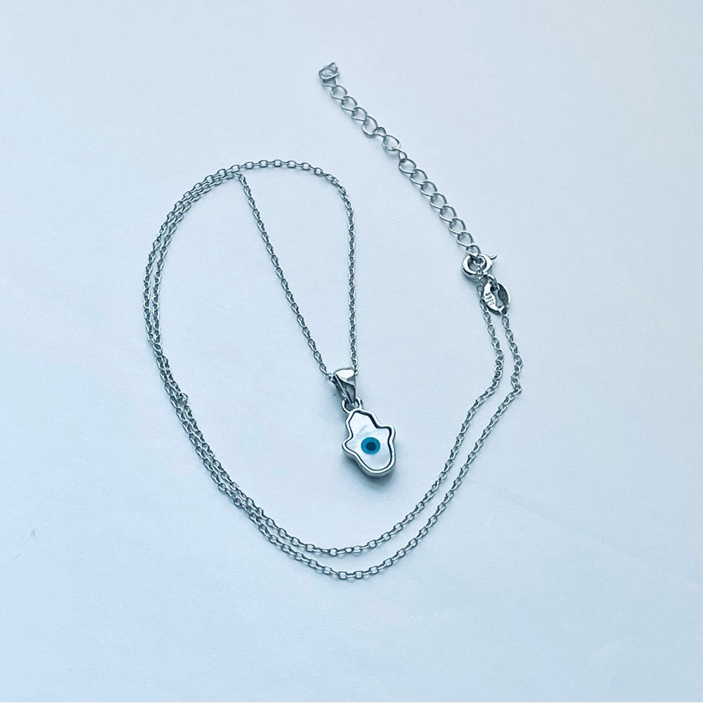 Sterling Silver Mother of Pearl Blue Evil Eye Hamsa Necklace, Silver Necklace